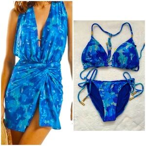 Vix Paula Hermanny Yves Shaye Bikini set and Karina Coverup - Color Blue - NWT